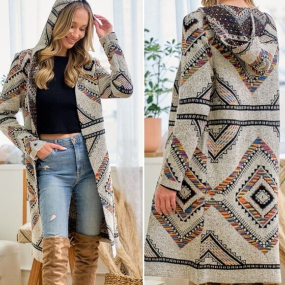 SHERPA LINED HOODED SWEATER cardigan duster Boho western Aztec - Picture 2 of 4